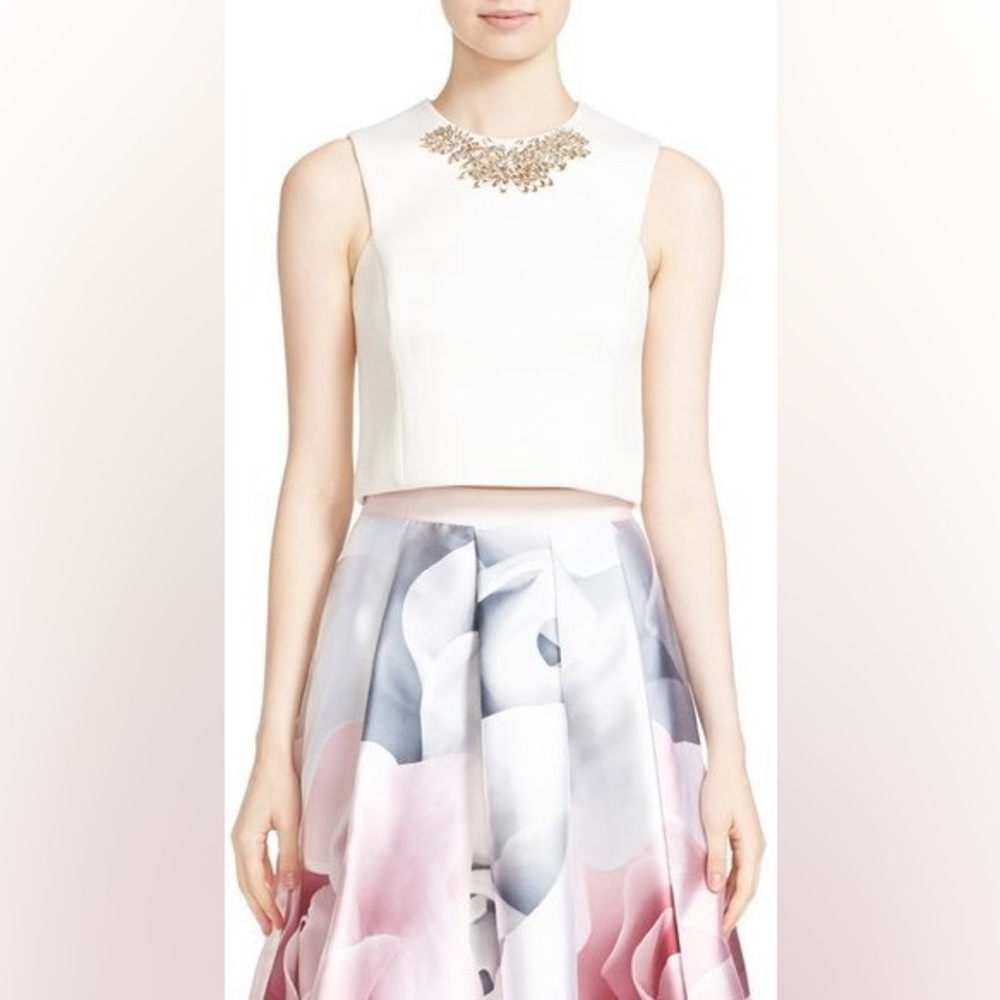 RARE Ted Baker TUX Jaby Satin Cropped Embellished Top in Ivory